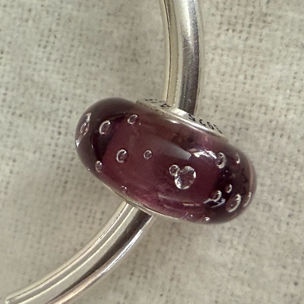 Authentic Pandora Glass Murano Deep Purple Charm with Sterling Silver Core